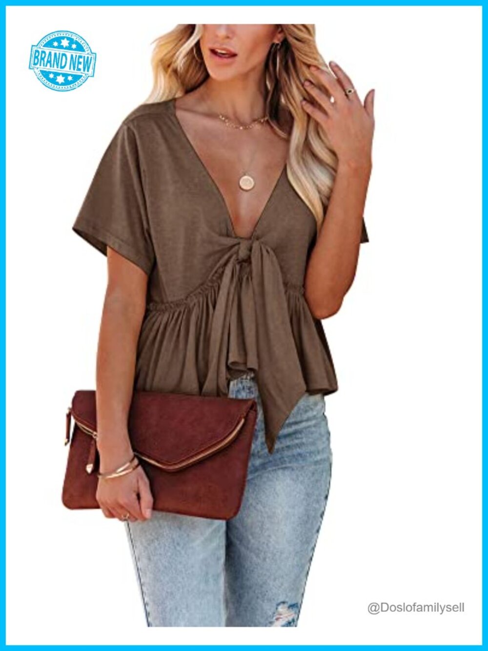 Women's V Neck Ruffle Hem Tie Front Crop Top Short Sleeve Summer Blouse
